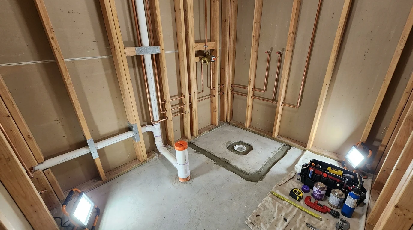 Bathroom rough-in plumbing during remodel by Johns Plumbing LLC in Eugene