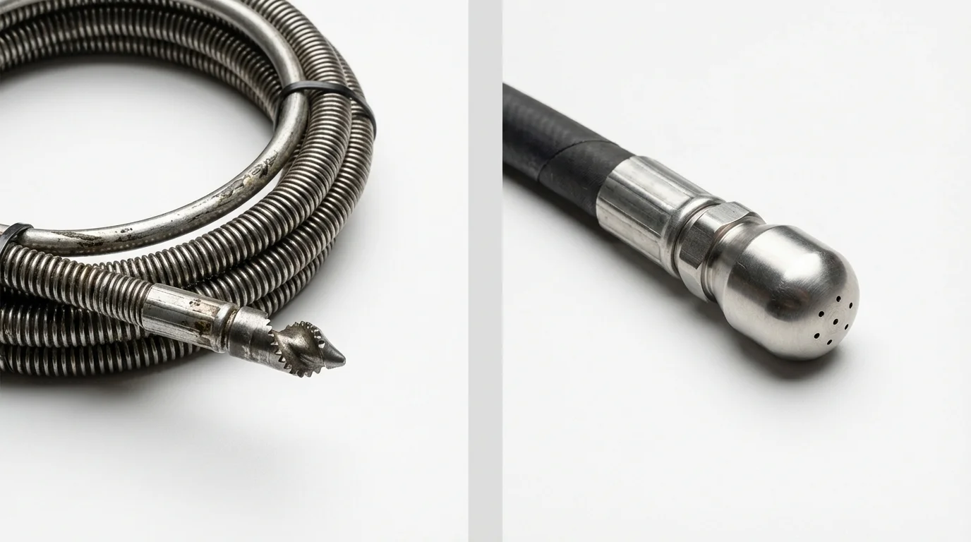 Drain snake cable and hydro jetting nozzle used for drain cleaning in Eugene, OR