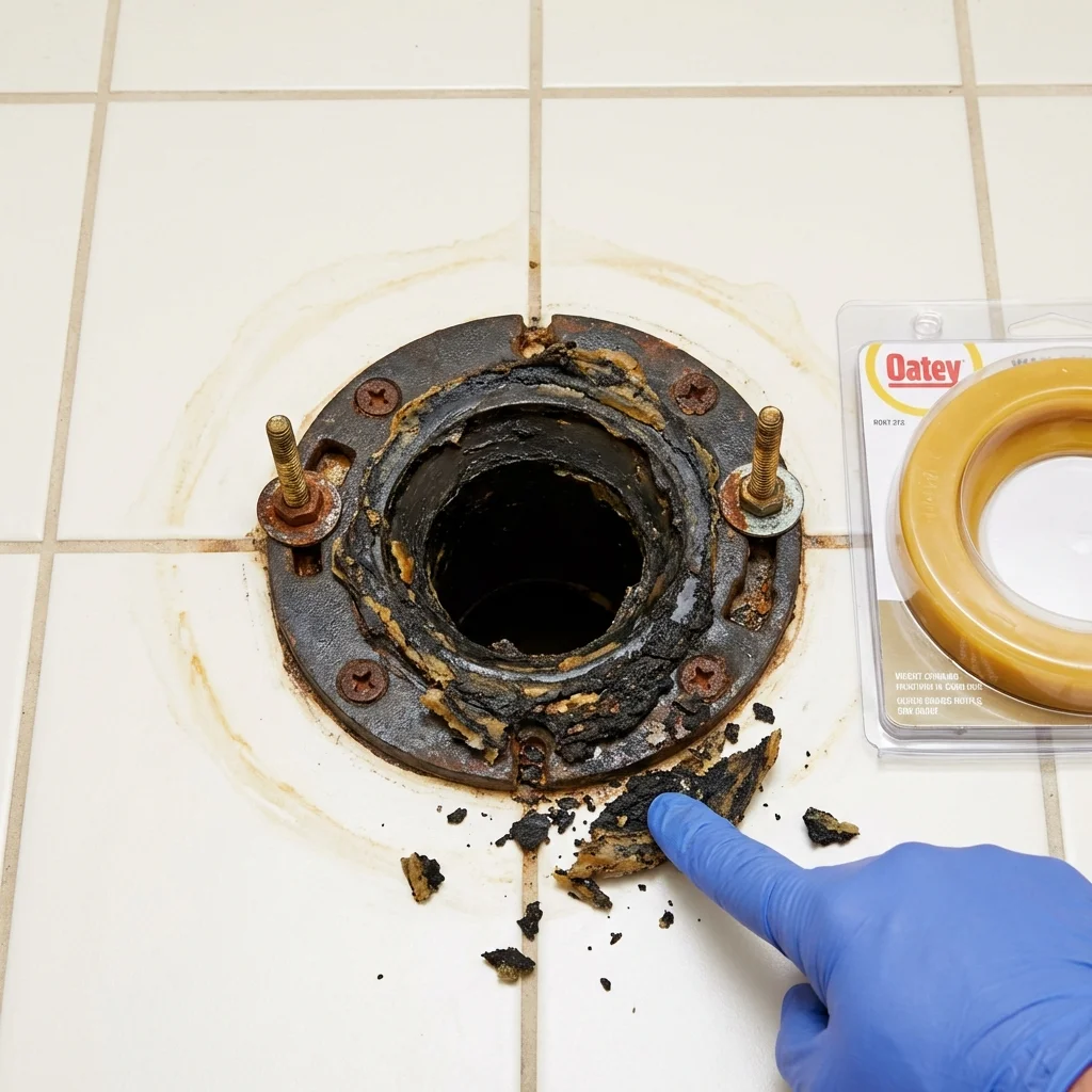 Failed wax ring showing water seepage at the base of a toilet in a Eugene, OR home